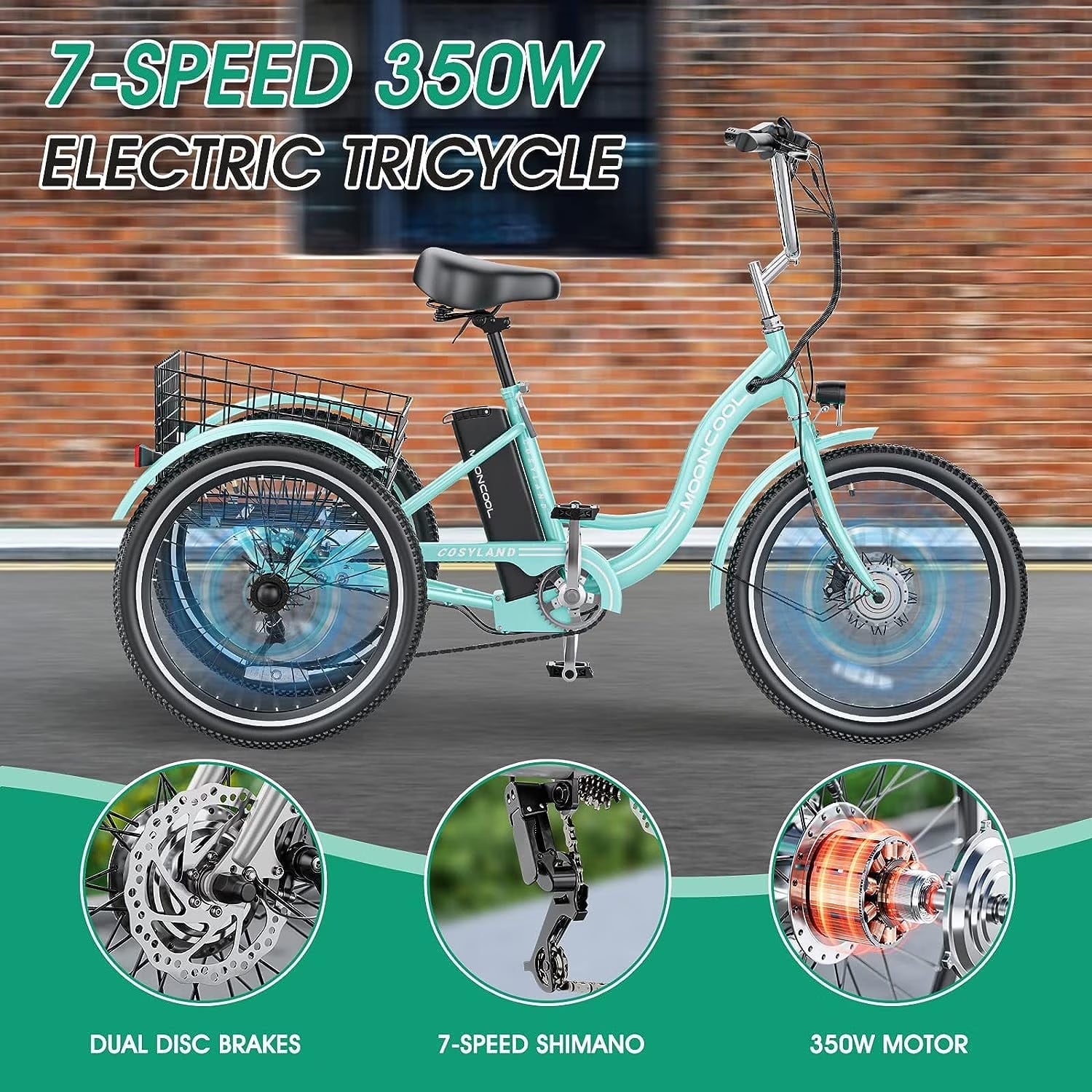 Electric Tricycle for Adults, 350W 36V Electric Trike Motorized Three Wheel Electric Bicycle, 7 Speeds 3 Wheels Adult Electric Tricycle with Large Basket,Cyan