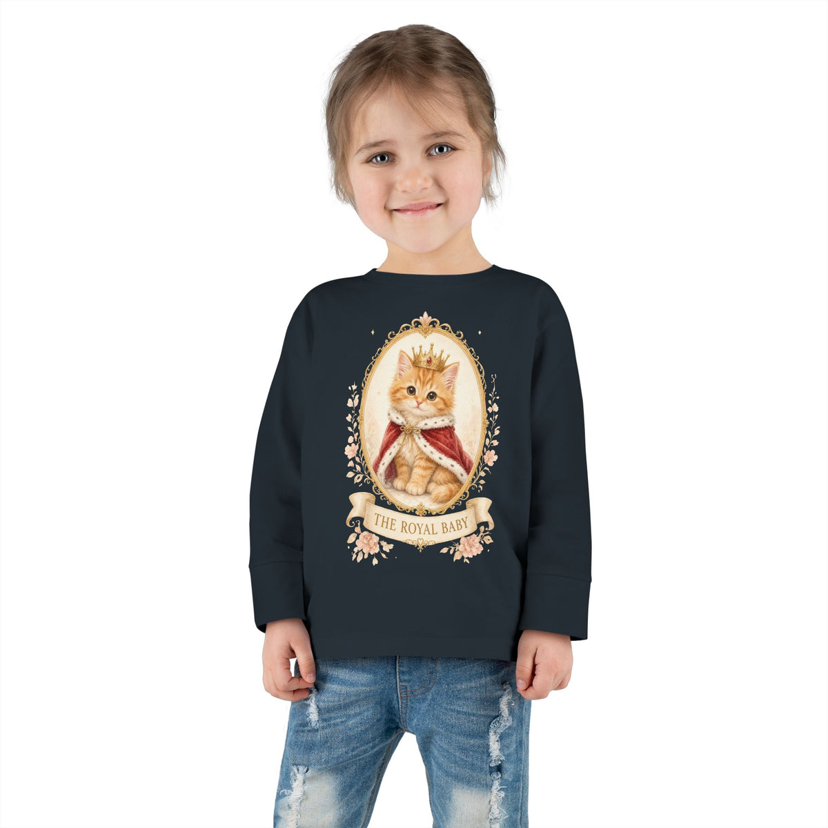 Royal Kitten Portrait Toddler Long Sleeve Tee | Crowned Cat Illustration- Orange Sherbet Collection- Bestie Best Luxury