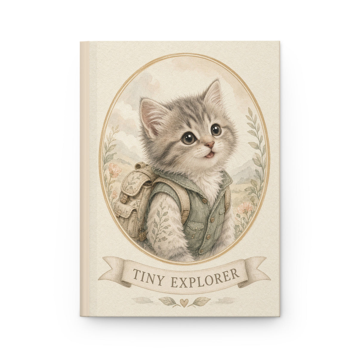 Tiny Explorer kitten illustration Hardcover Journal | Vintage backpack kitten portrait