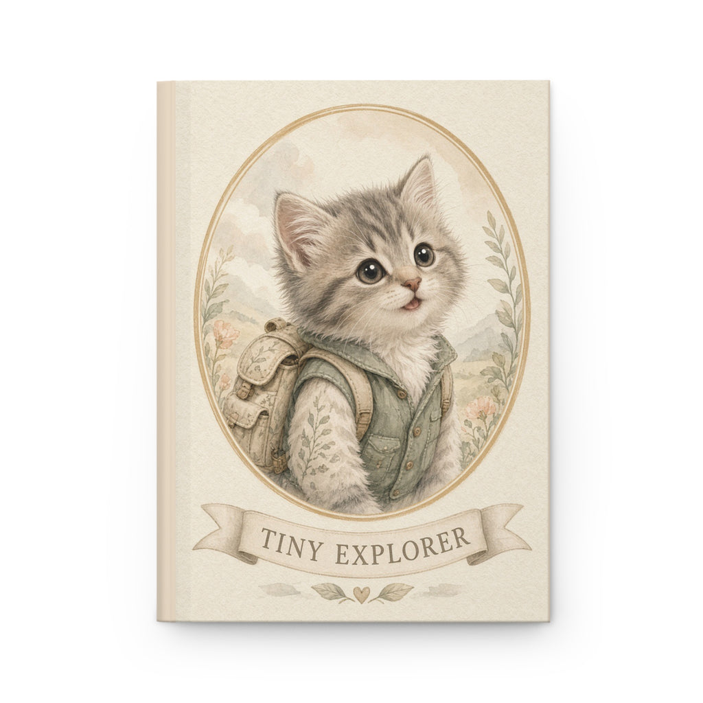 Tiny Explorer kitten illustration Hardcover Journal | Vintage backpack kitten portrait