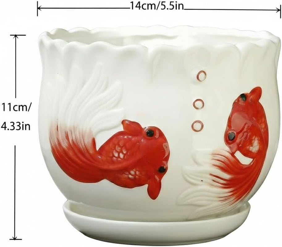 Ceramic Planter with Saucer - 3D Embossed Goldfish Design, Scalloped Edge Decorative Flower Pot for Indoor Outdoor Succulent Cactus, White Porcelain Plant Container with Drainage Hole