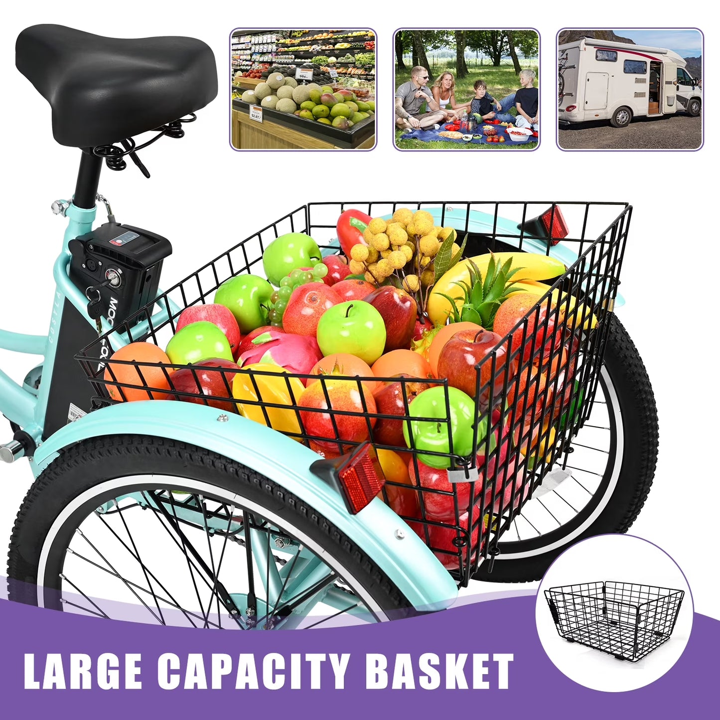 Electric Tricycle for Adults, 350W 36V Electric Trike Motorized Three Wheel Electric Bicycle, 7 Speeds 3 Wheels Adult Electric Tricycle with Large Basket,Cyan