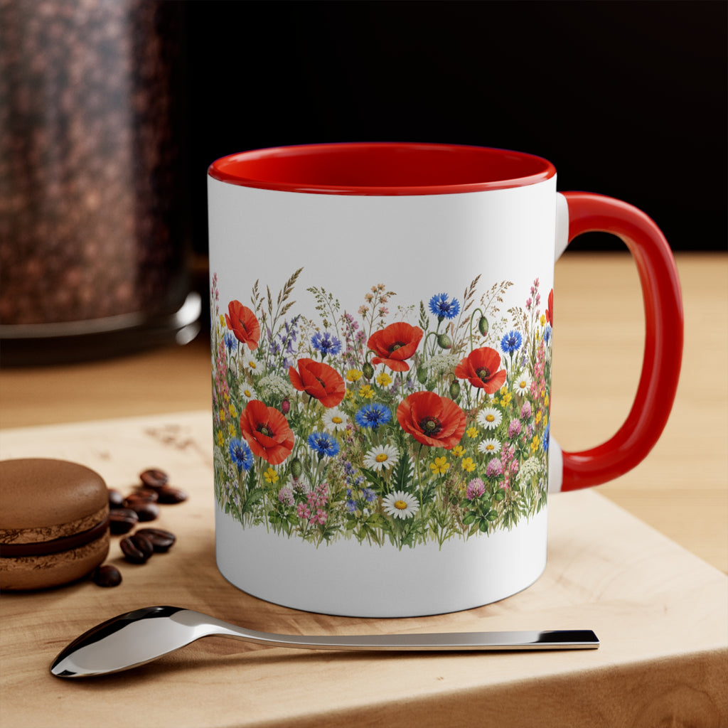 Wildflower Poppy Meadow Mug | Red Accent 11oz Ceramic
