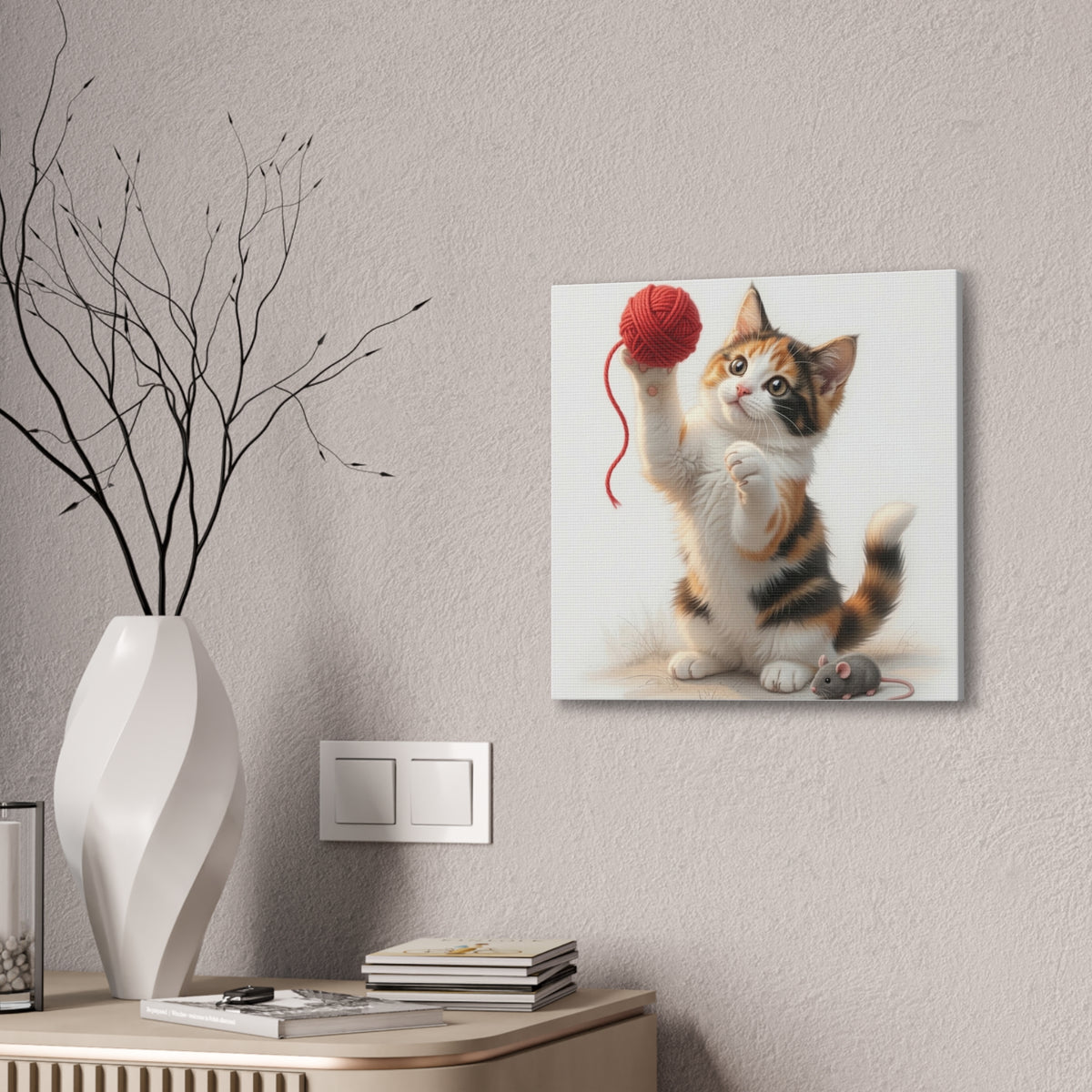 Calico Kitten with Red Yarn Canvas- Nursery Decor- Baby & Kids Room- Kitten Gloria Collection