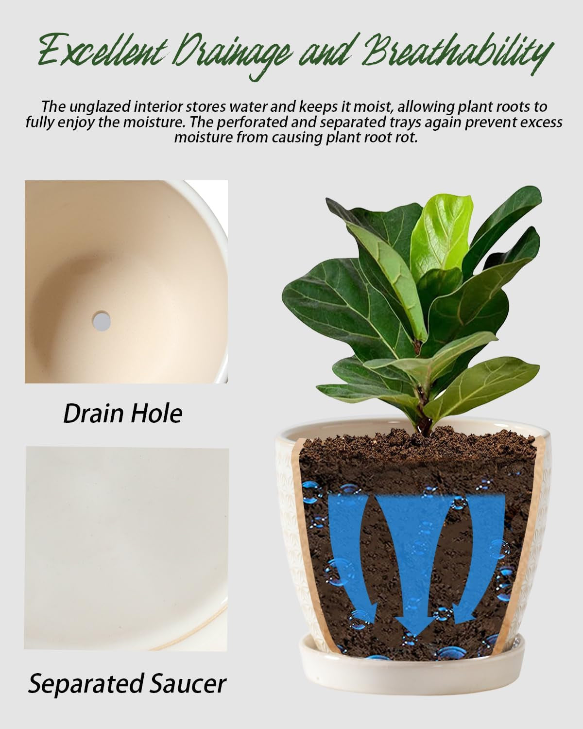Plant Pots, Flower Pots, Planters for Indoor Plants(6.5+5.5Inch), Flower Pots for Indoor Plant with Drainage Hole and Saucer, Ceramic Pots for Plants with Hole Mesh Pad,Reactive Glaze White