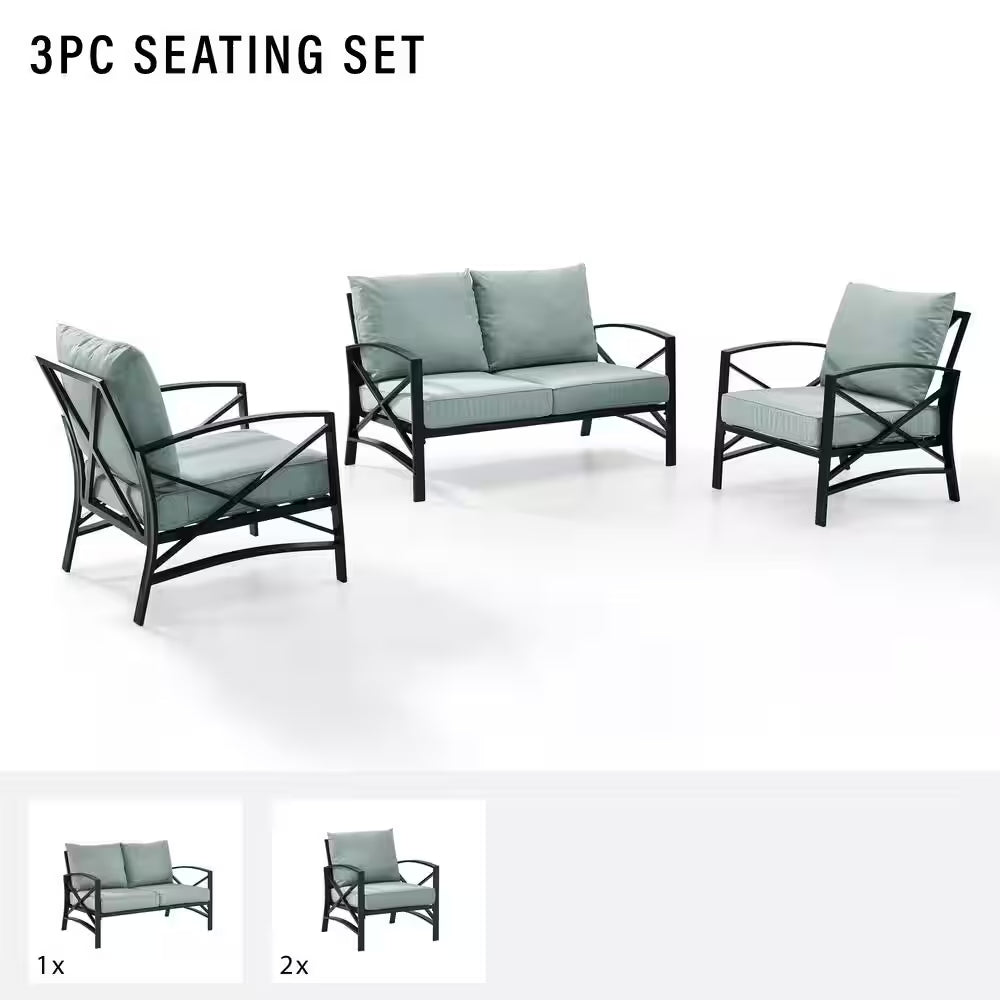Kaplan 3-Piece Metal Patio Outdoor Seating Set with Mist Cushion - Loveseat, 2-Outdoor Chairs