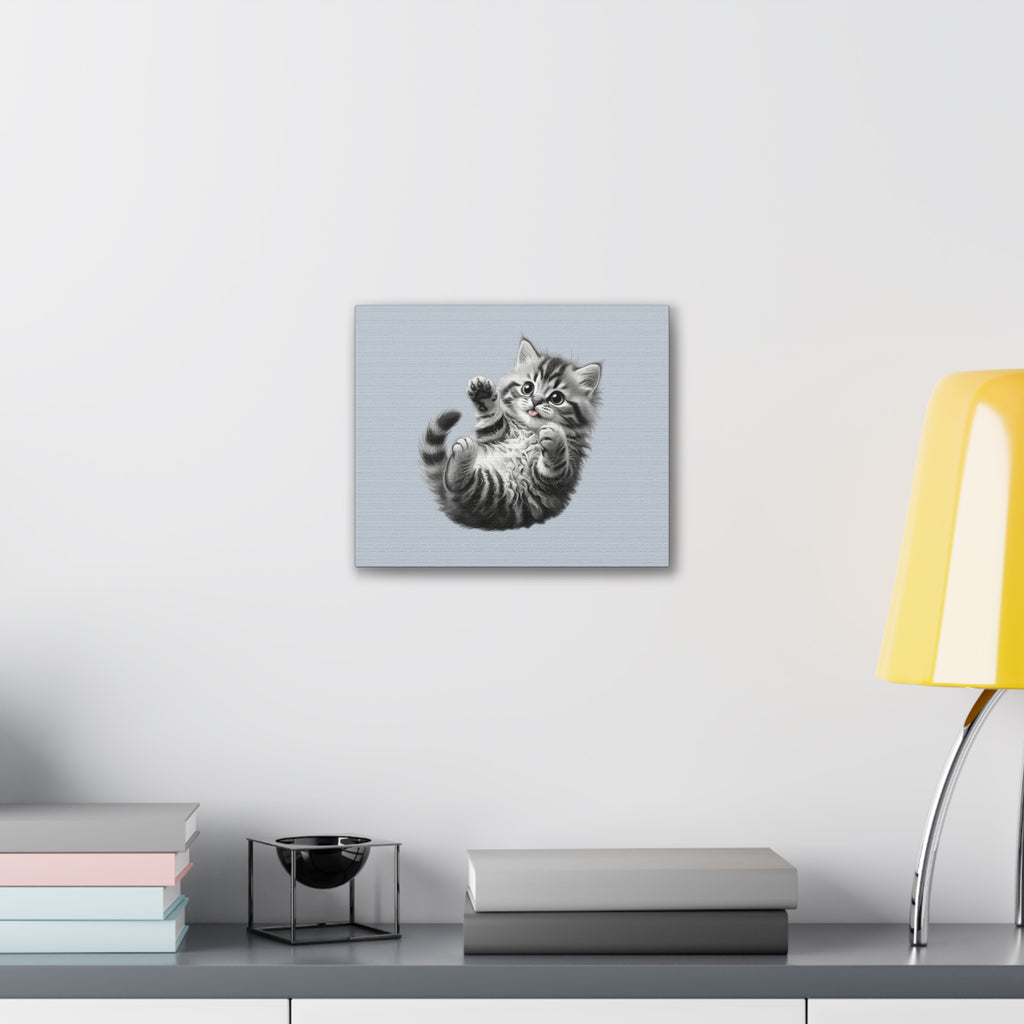 Playful Tabby Grey Fluffy Kitten Illustration Canvas Stretched | Cute Cat Wall Art- Sage Collection- Bestie Best Collection