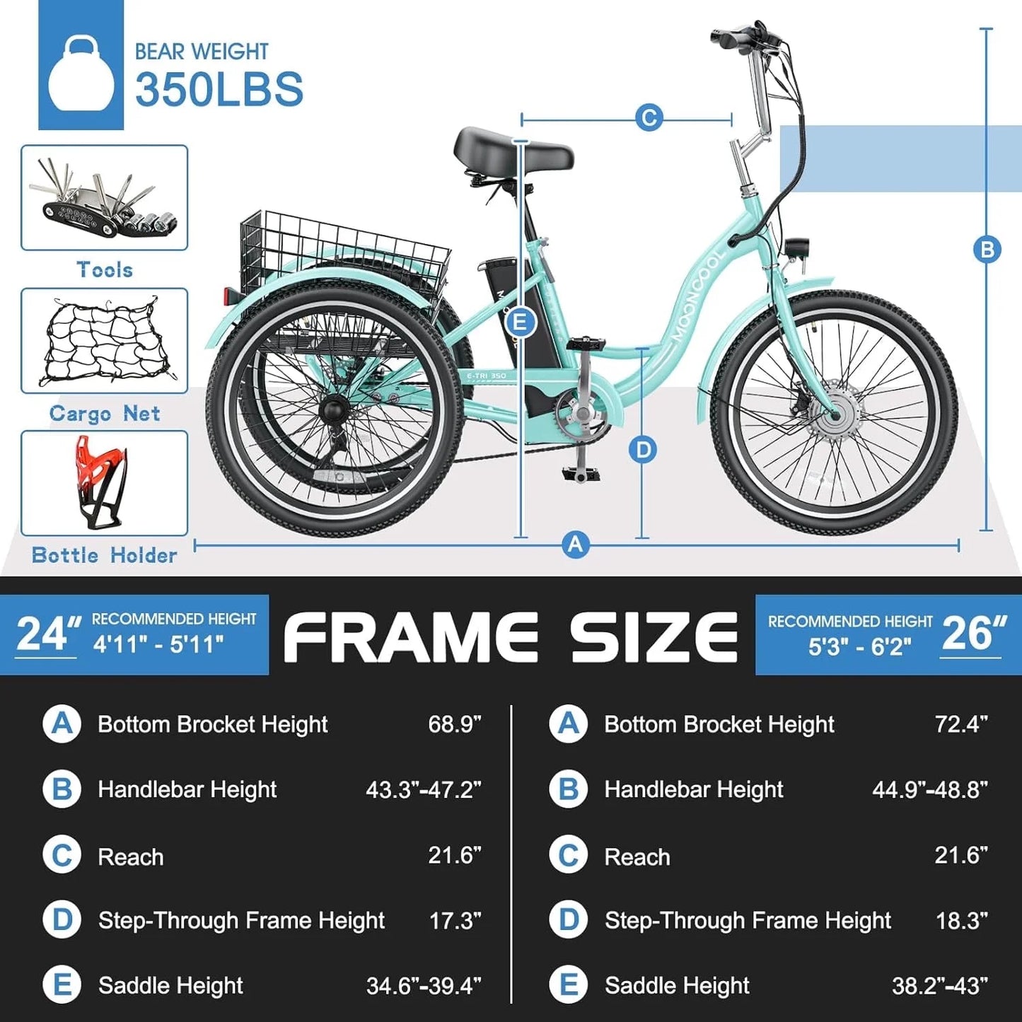 Electric Tricycle for Adults, 350W 36V Electric Trike Motorized Three Wheel Electric Bicycle, 7 Speeds 3 Wheels Adult Electric Tricycle with Large Basket,Cyan