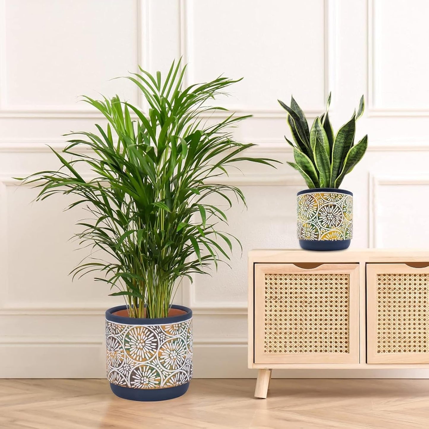 3 Piece Ceramic Plant Pots Indoor Pots Set with Drainage Holes, 5.7/4.7/3.5/Inch, Modern Decorative Pots Outdoor Plants Lilies, Cacti, Succulents, Snakes, and Bamboo (Blue)