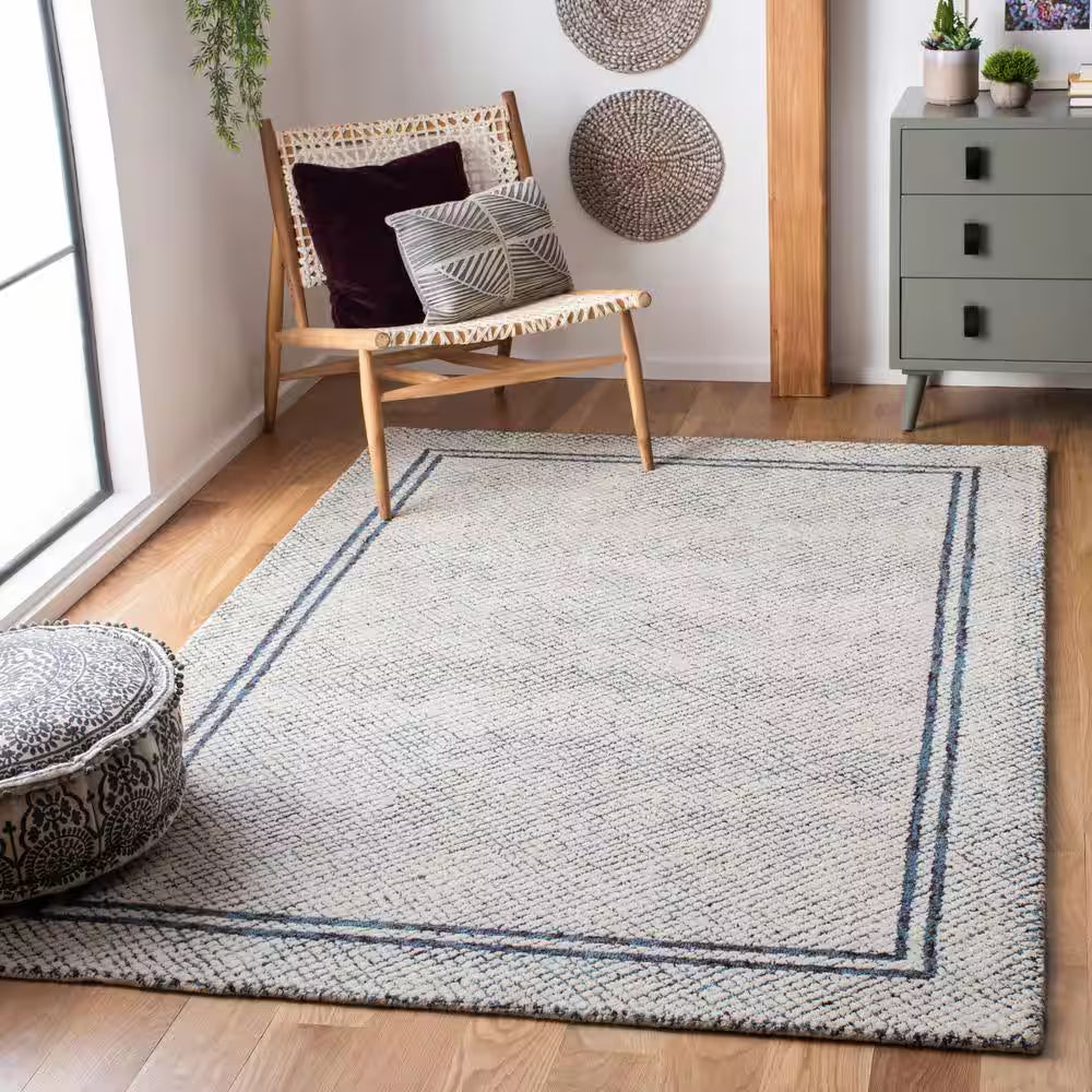 Abstract Ivory/Navy 10 Ft. X 14 Ft. Border Geometric Area Rug
