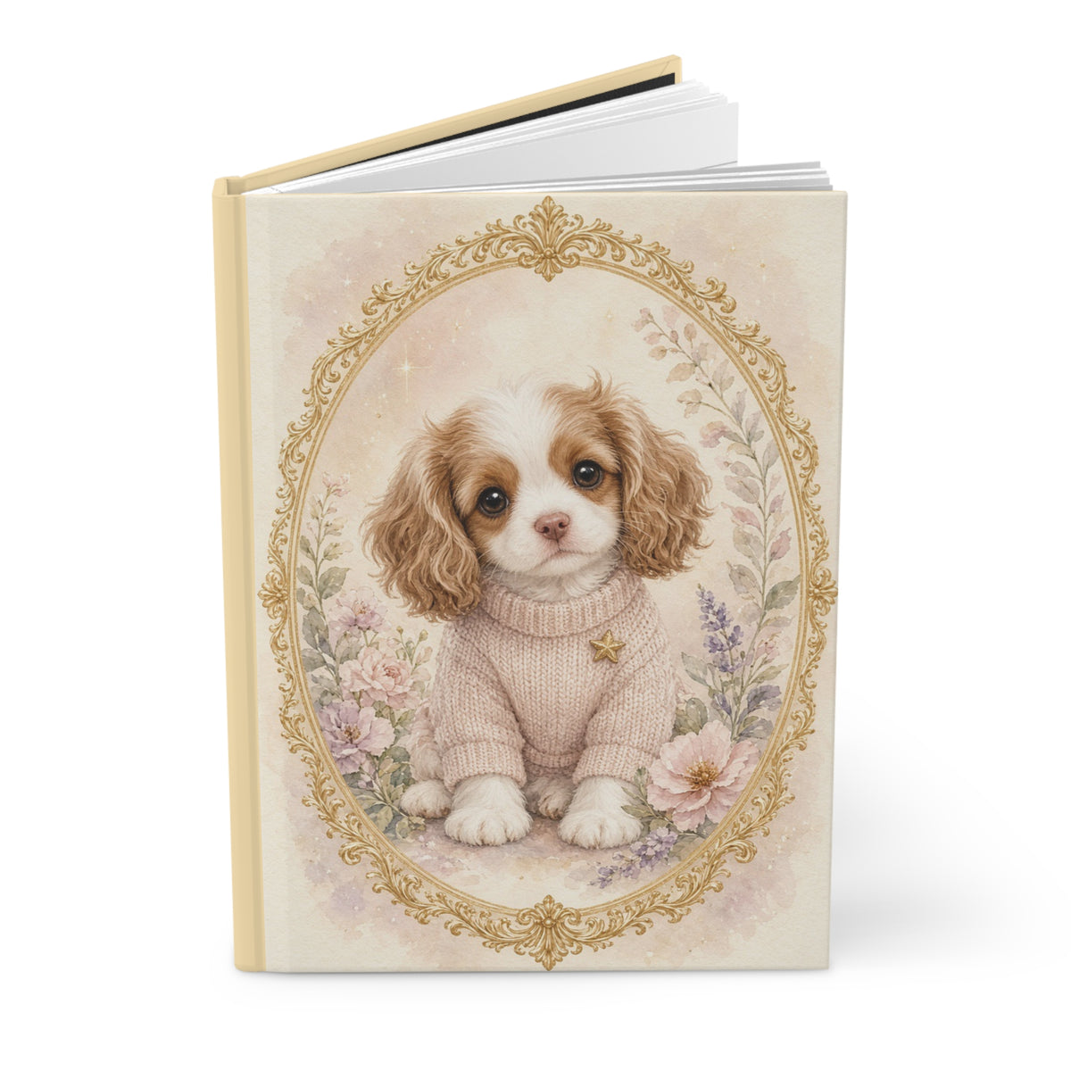 Cute Cavalier Puppy in Sweater Portrait Hardcover Journal | Floral Vintage Frame- Bestie Best Journal Collection
