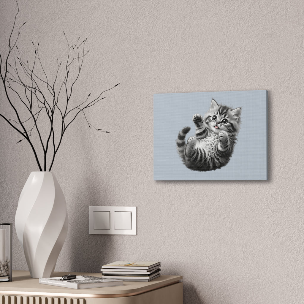 Playful Tabby Grey Fluffy Kitten Illustration Canvas Stretched | Cute Cat Wall Art- Sage Collection- Bestie Best Collection