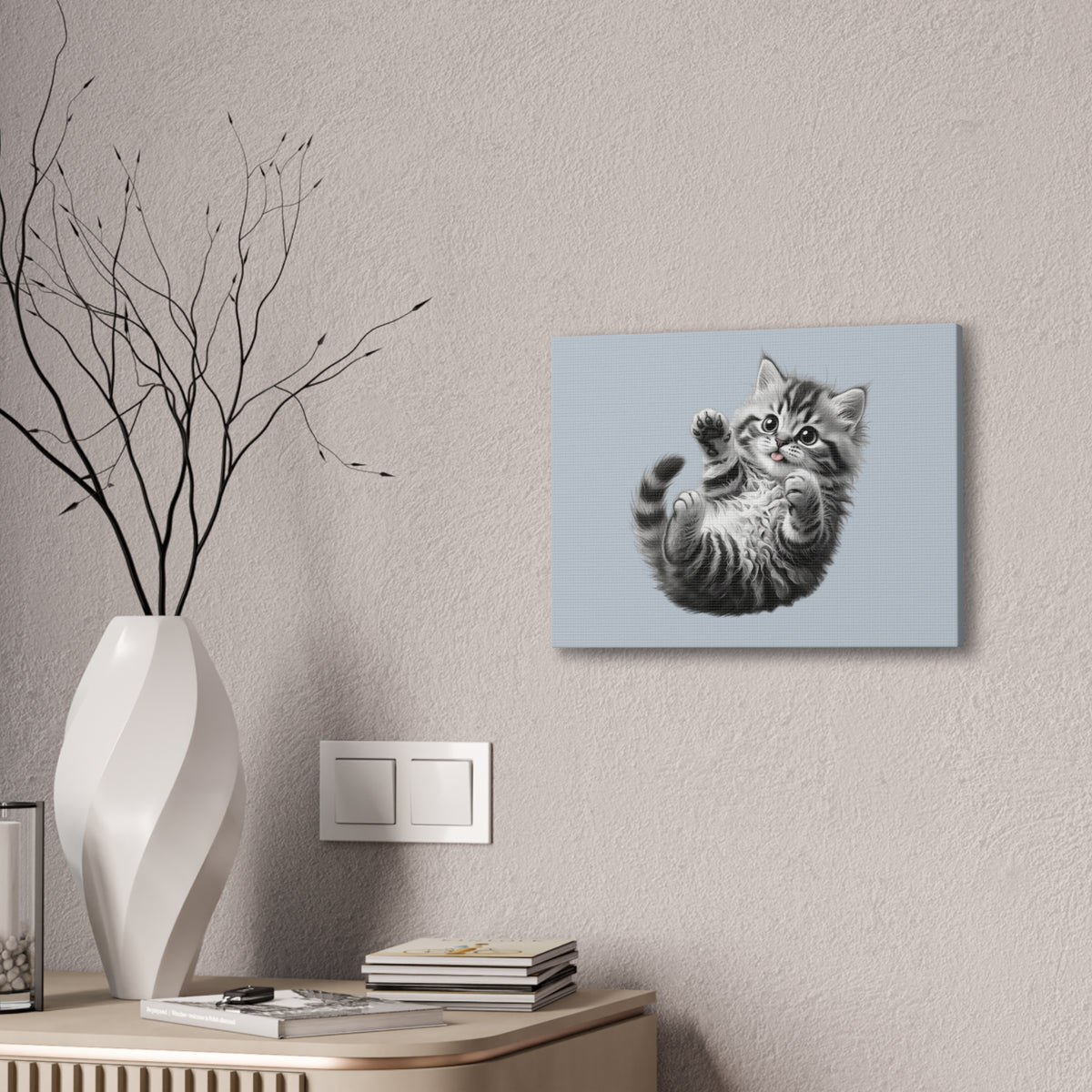 Playful Tabby Grey Fluffy Kitten Illustration Canvas Stretched | Cute Cat Wall Art- Sage Collection- Bestie Best Collection