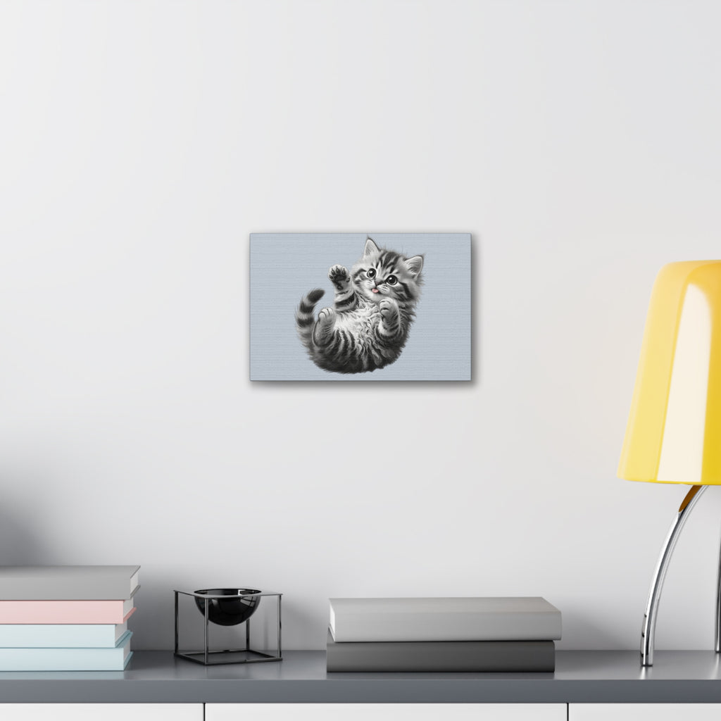 Playful Tabby Grey Fluffy Kitten Illustration Canvas Stretched | Cute Cat Wall Art- Sage Collection- Bestie Best Collection