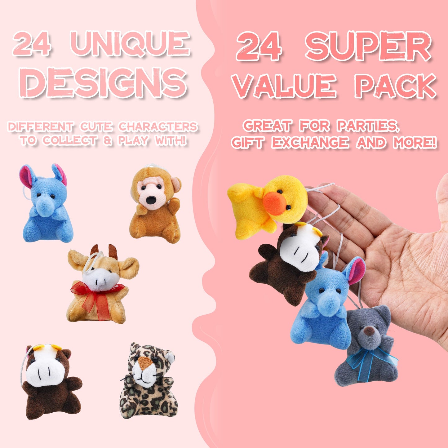 24 Pcs Party Favors for Kids 3" Mini Stuffed Animals Bulk Cute Small Plush Toys, Pinata Fillers, Animals Keychain Decoration for Boys Girls, Teacher Student Gifts Prizes, Birthday Supplies