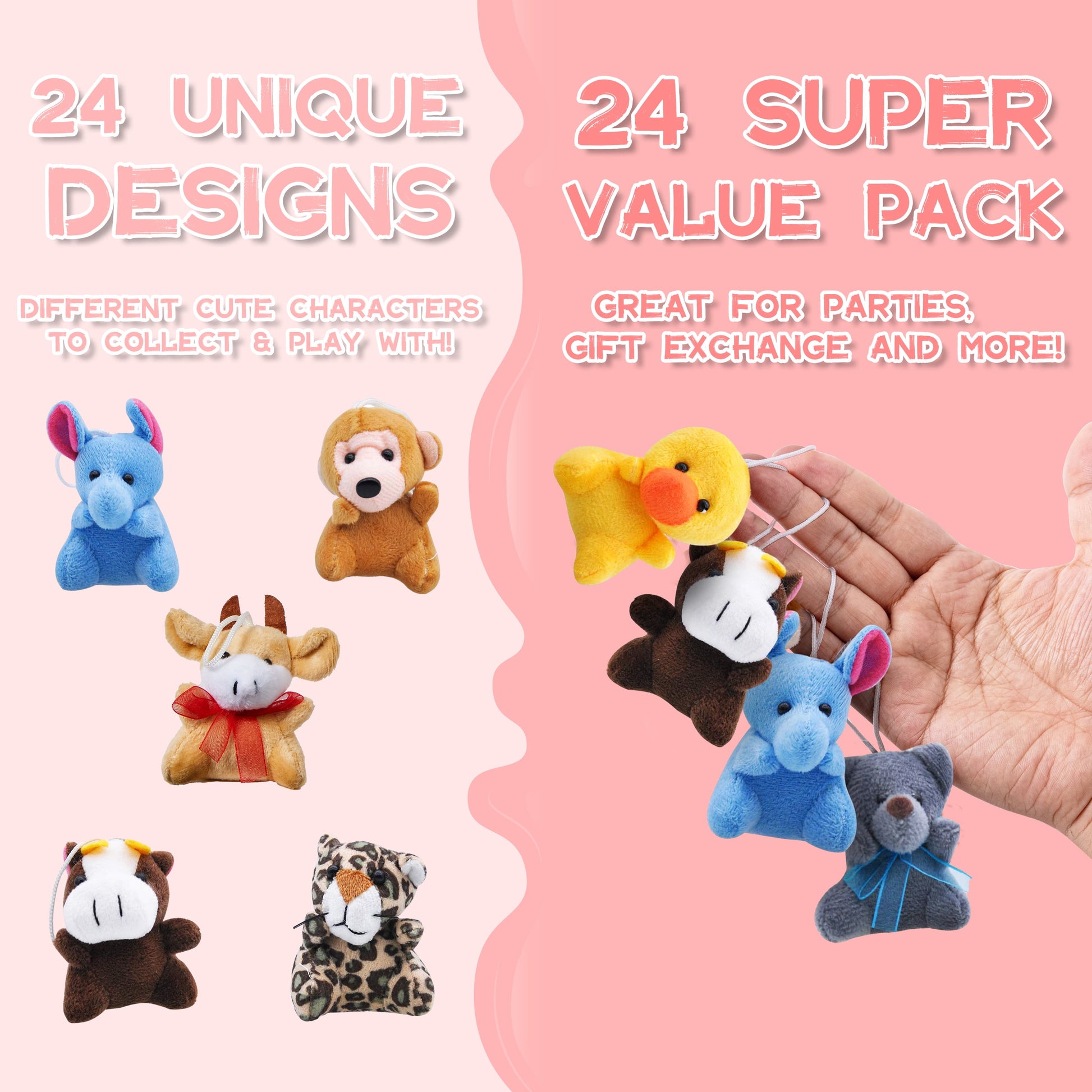 24 Pcs Party Favors for Kids 3" Mini Stuffed Animals Bulk Cute Small Plush Toys, Pinata Fillers, Animals Keychain Decoration for Boys Girls, Teacher Student Gifts Prizes, Birthday Supplies