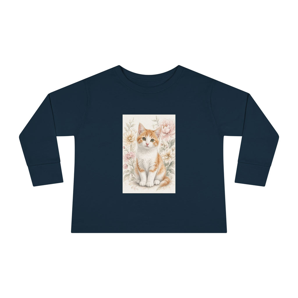 Orange Kitten Floral Illustration Toddler Long Sleeve Tee | Cute Cat Shirt- Vienna Collection