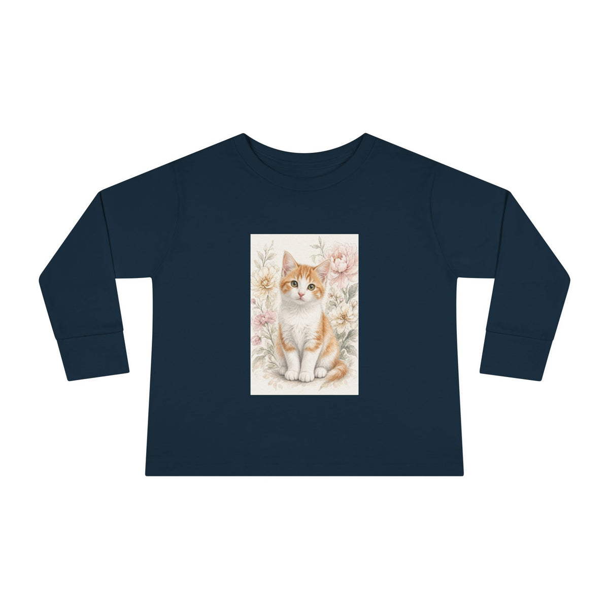 Orange Kitten Floral Illustration Toddler Long Sleeve Tee | Cute Cat Shirt- Vienna Collection