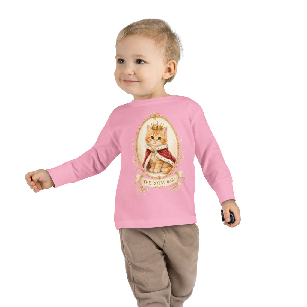 Royal Kitten Portrait Toddler Long Sleeve Tee | Crowned Cat Illustration- Orange Sherbet Collection- Bestie Best Luxury