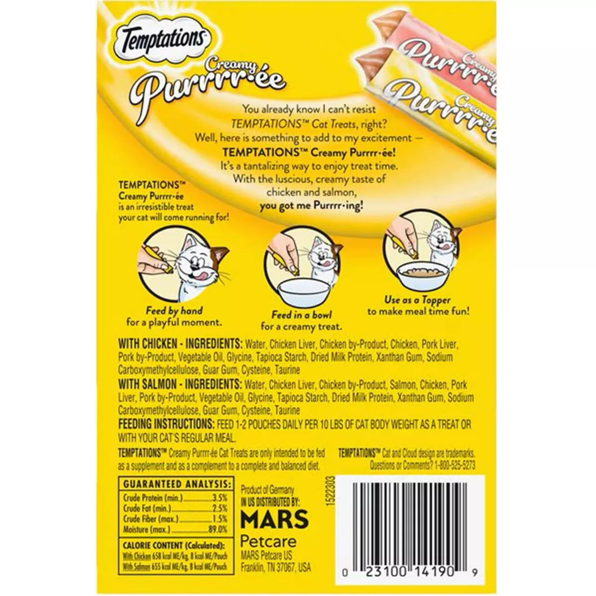 Temptations Creamy Puree with Chicken and Salmon Flavor Squeezable Lickable Variety Pack Cat Treats - 16Ct