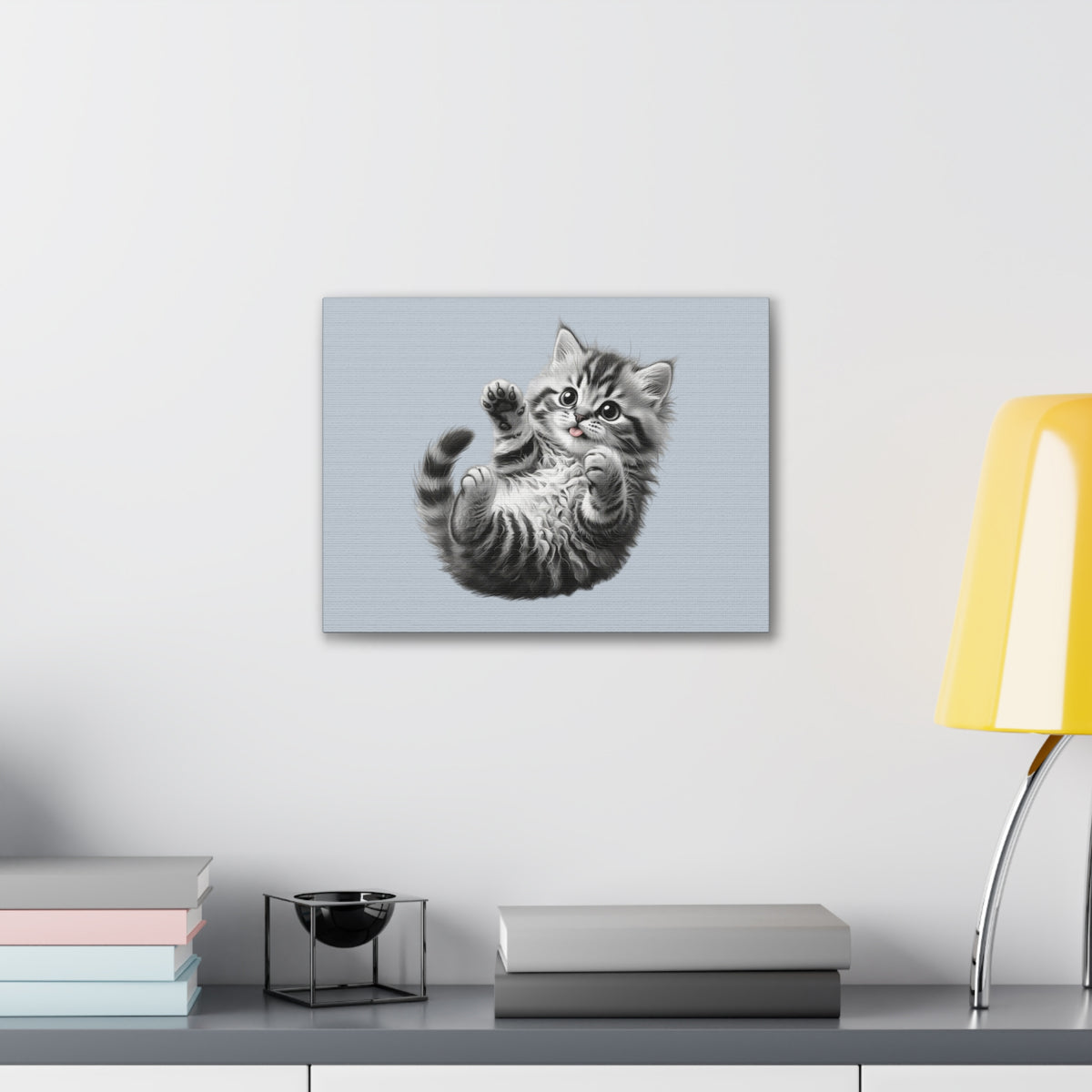 Playful Tabby Grey Fluffy Kitten Illustration Canvas Stretched | Cute Cat Wall Art- Sage Collection- Bestie Best Collection