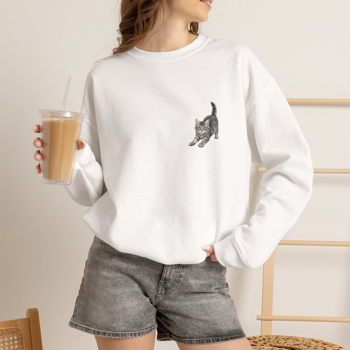 Playful Kitten Illustration Sweatshirt | Small Chest Cat Artwork