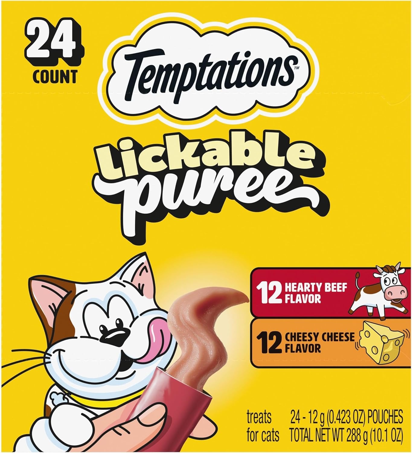 Creamy Puree Squeezable Lickable Cat Treats, Wet Cat Treats with Beef Liver and Cheese Variety Pack, 0.42 Oz. Tubes, 24 Count