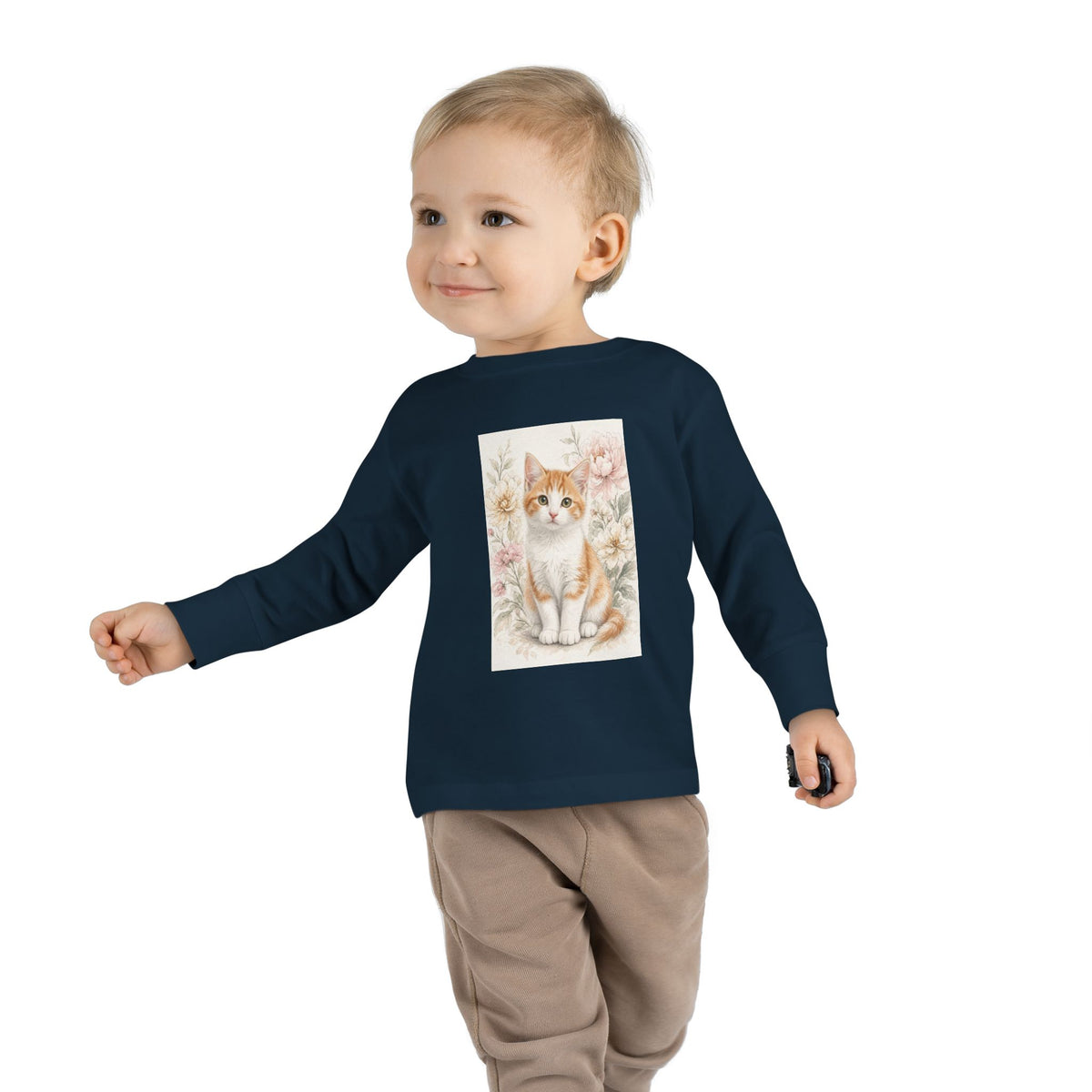 Orange Kitten Floral Illustration Toddler Long Sleeve Tee | Cute Cat Shirt- Vienna Collection