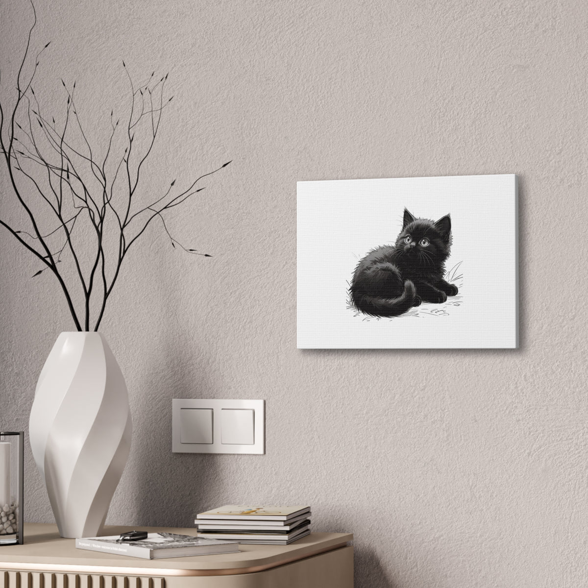 Black Kitten Illustration Canvas Stretched | Cute Cat Wall Art- Nursery & Kids room Decor, Twixie Collection- Bestie Best