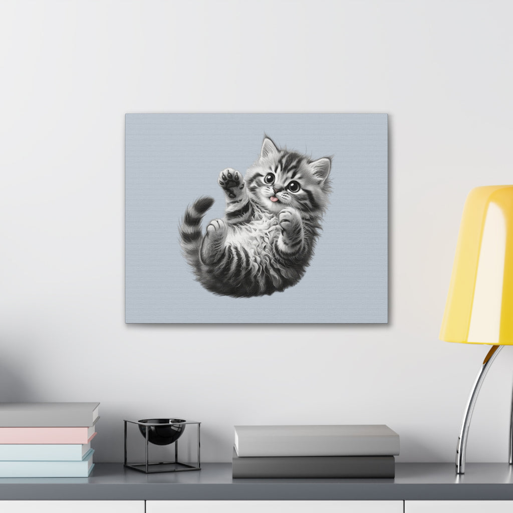 Playful Tabby Grey Fluffy Kitten Illustration Canvas Stretched | Cute Cat Wall Art- Sage Collection- Bestie Best Collection