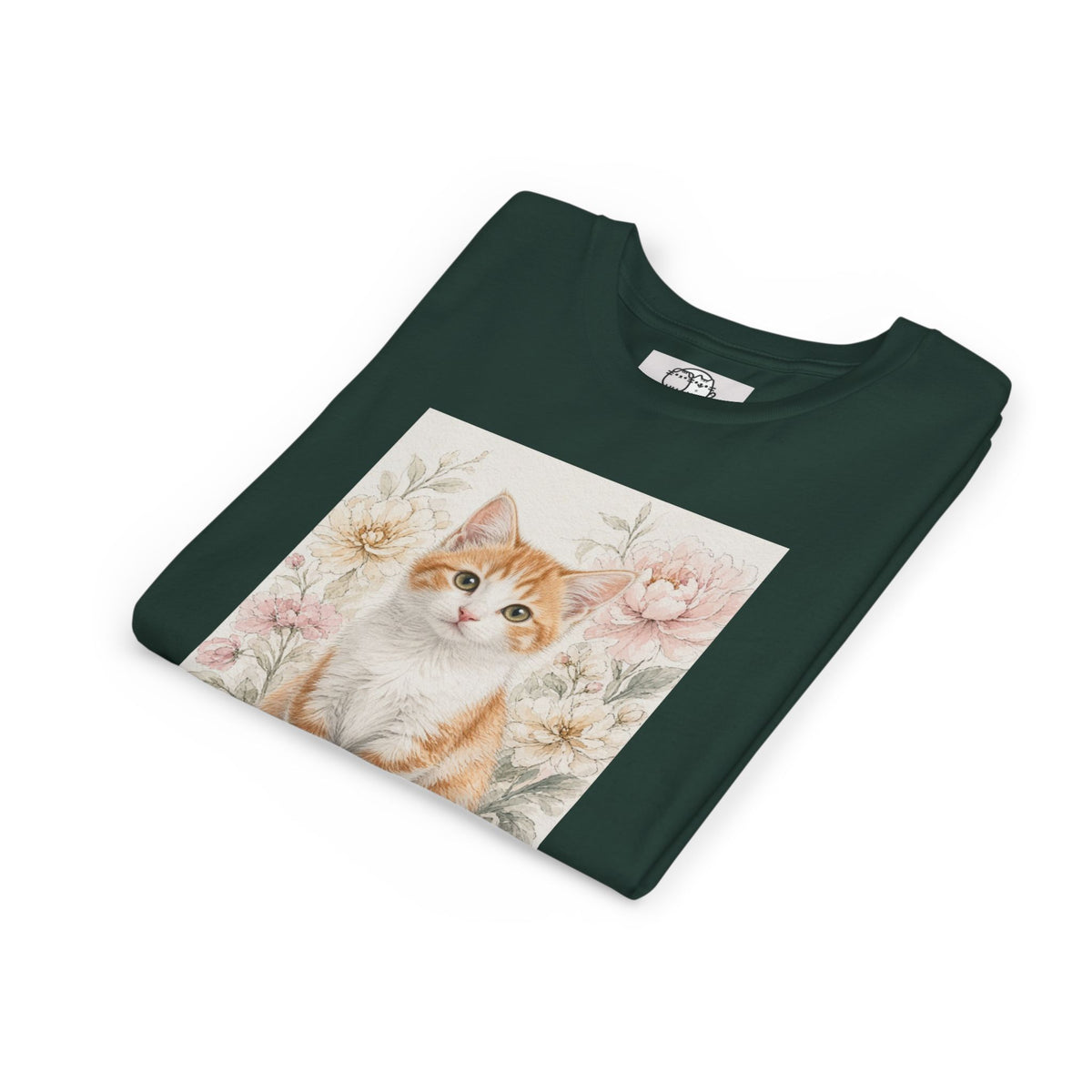 Adorable Orange Tabby Kitten Floral Illustration Youth Tee | Cute Cat Shirt- Vienna Collection