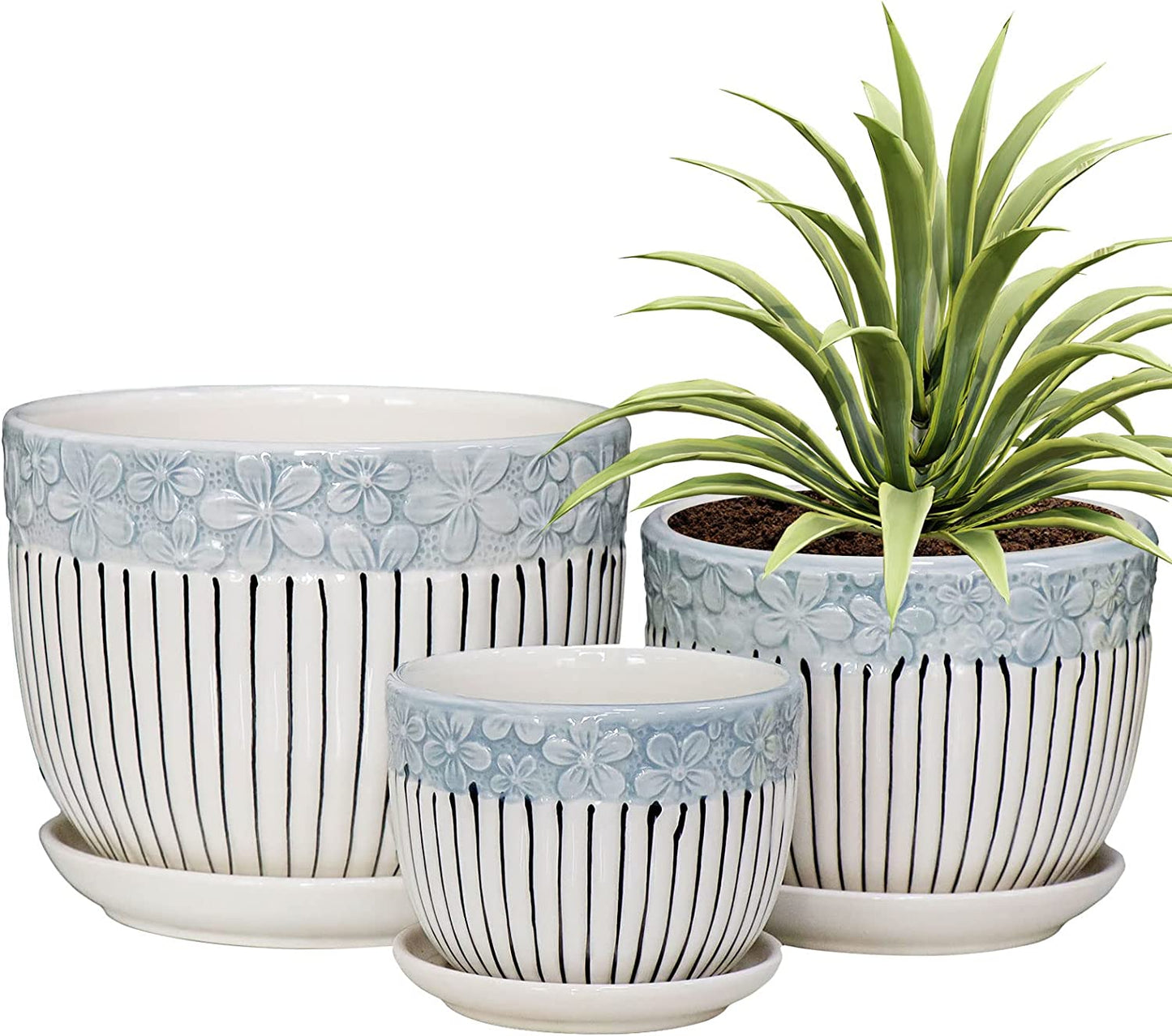 Grey Flower Pots, Texture Planter for Indoor Plants Set of 3 Ceramic Flower Pots with Saucer, Cute Garden Pots Succulent Pots, 6.75/5.6/4.2 Inch, Indoor Outdoor Home Garden Decor