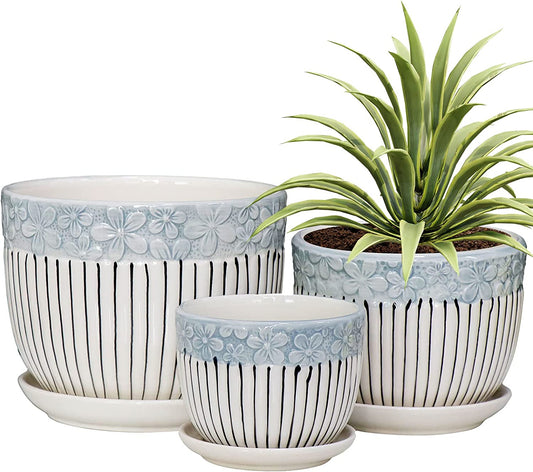 Grey Flower Pots, Texture Planter for Indoor Plants Set of 3 Ceramic Flower Pots with Saucer, Cute Garden Pots Succulent Pots, 6.75/5.6/4.2 Inch, Indoor Outdoor Home Garden Decor