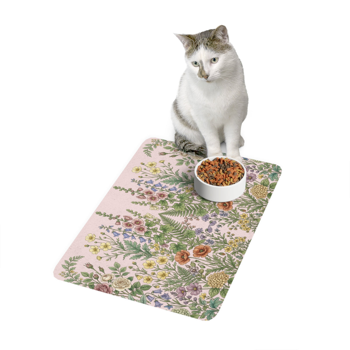 Vintage Wildflower Illustration Pet Food Mat- Poppy Pink Bestie Best Collection