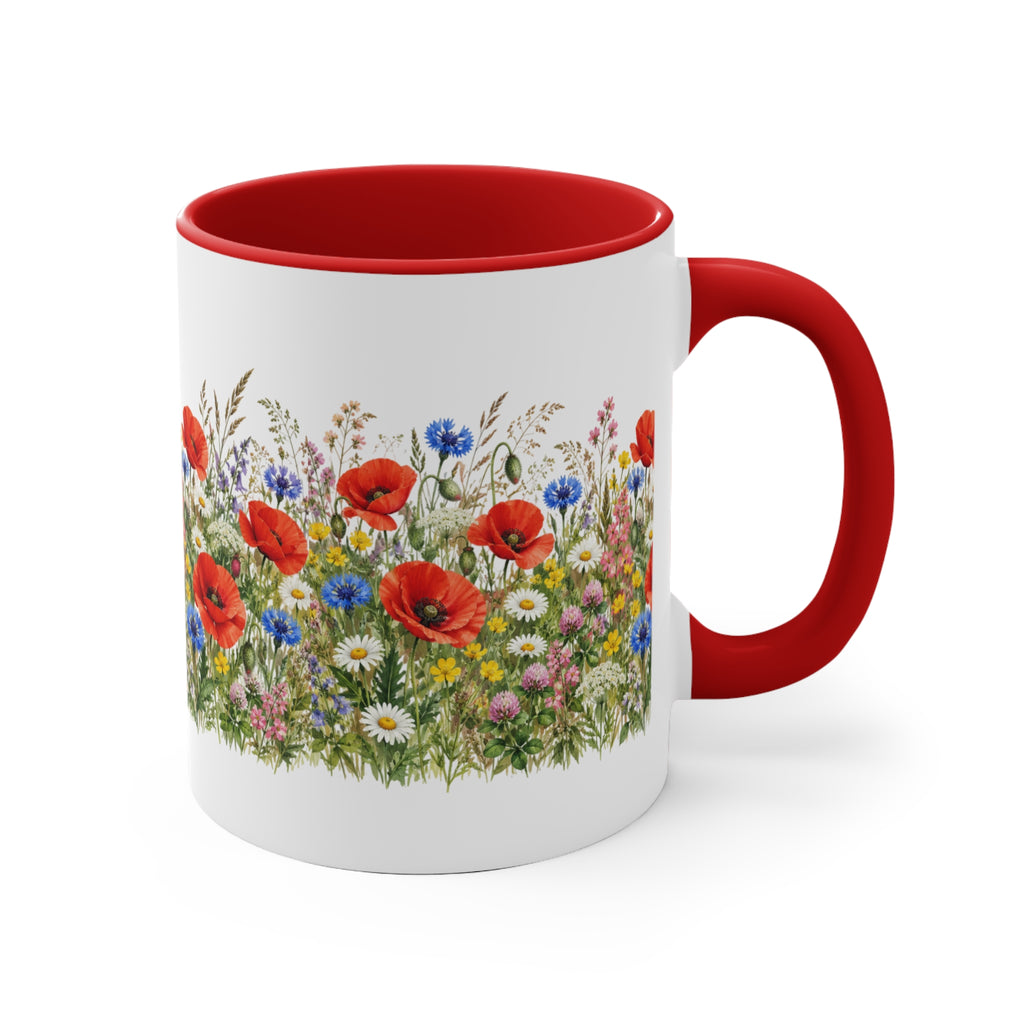 Wildflower Poppy Meadow Mug | Red Accent 11oz Ceramic