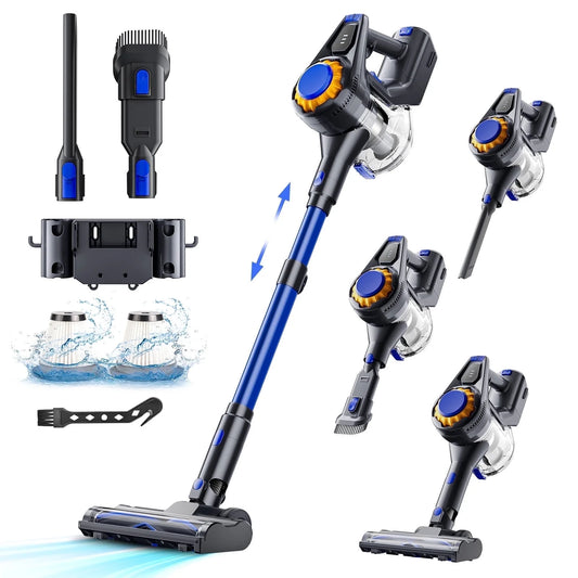Cordless Vacuum Cleaner, 50Mins Runtime, Powerful Stick Vacuum 6*2600Mah Rechargeable Cordless Vacuum for Carpet, Tile, Pet Hair, Hardwood Floors, Blue