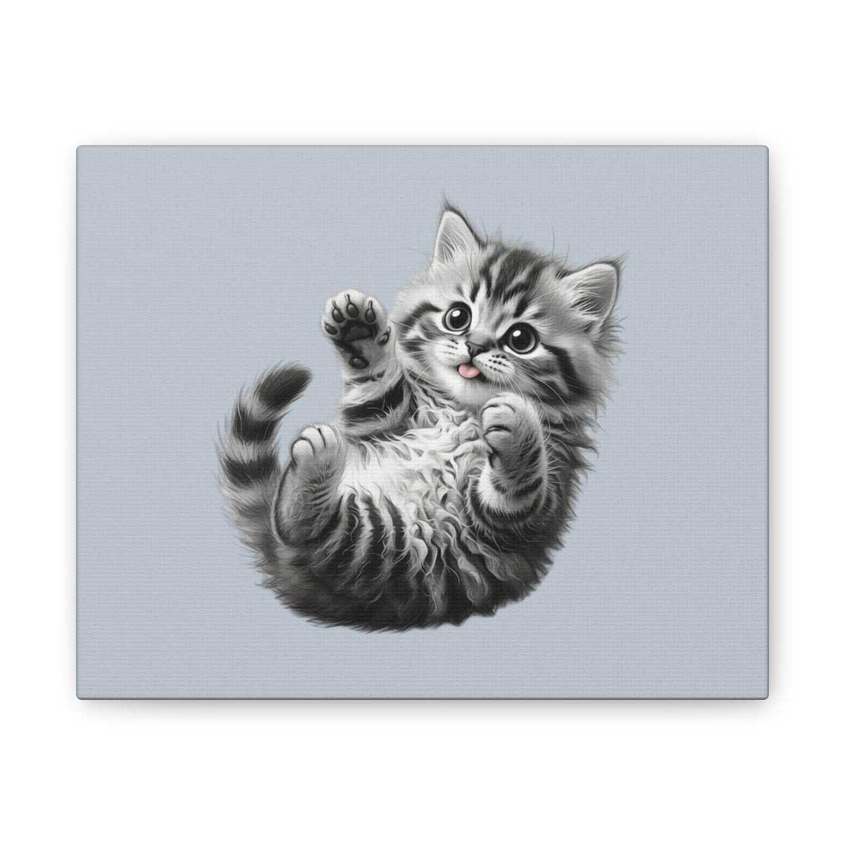 Playful Tabby Grey Fluffy Kitten Illustration Canvas Stretched | Cute Cat Wall Art- Sage Collection- Bestie Best Collection