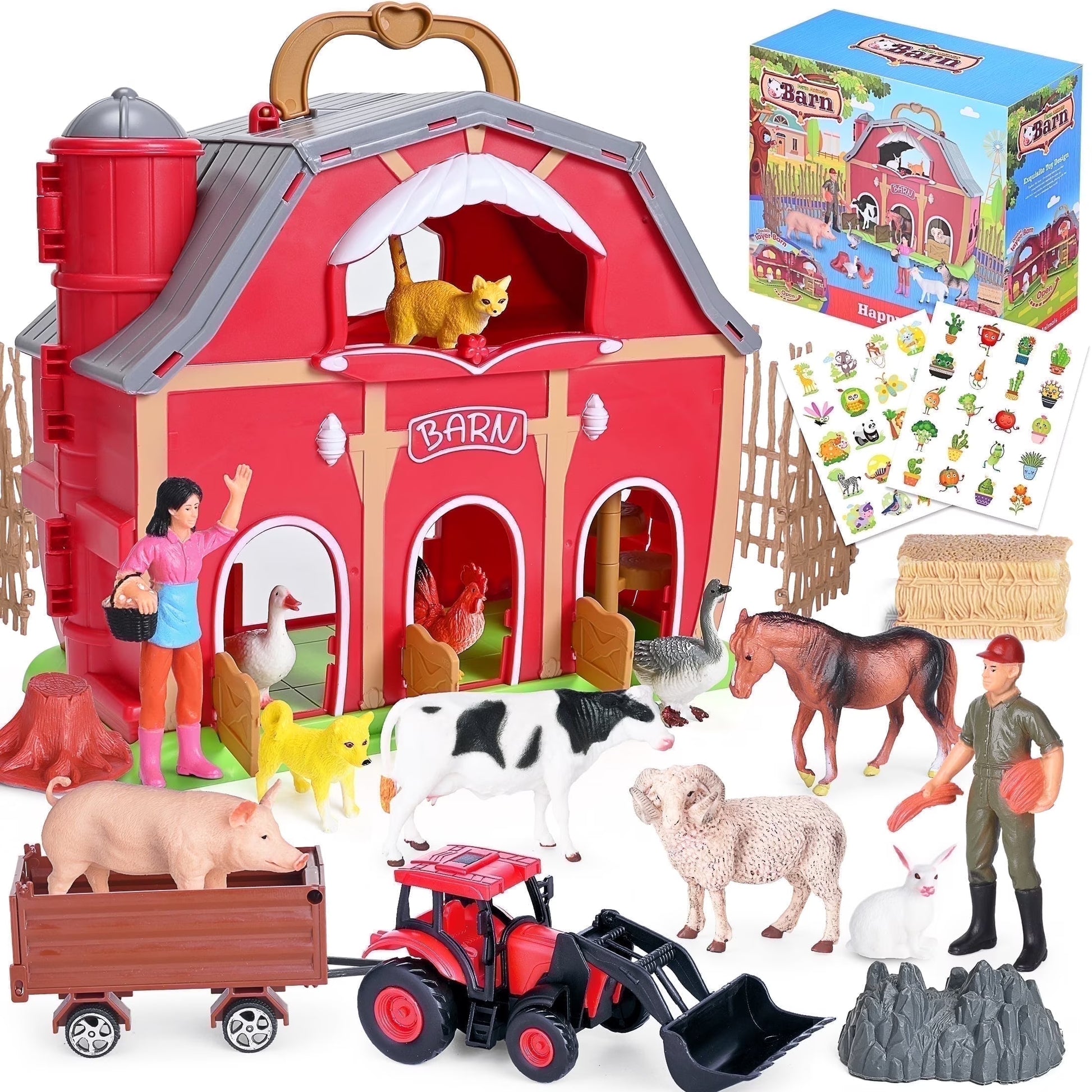 Farm Animal Toys Take along Barn Farm Playset for Toddlers Montessori Toys for Kids with 10 Animals Figurines 2 DIY Stickers