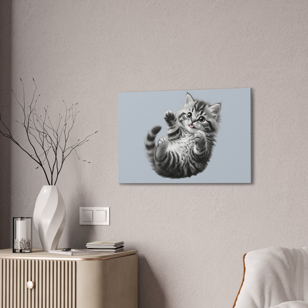 Playful Tabby Grey Fluffy Kitten Illustration Canvas Stretched | Cute Cat Wall Art- Sage Collection- Bestie Best Collection