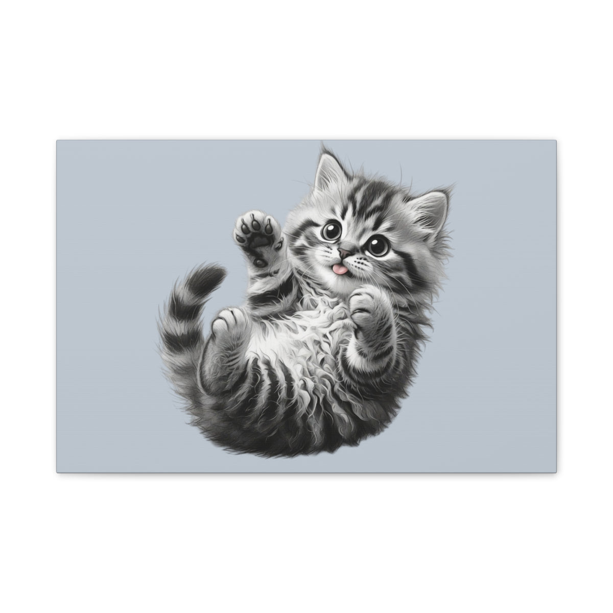 Playful Tabby Grey Fluffy Kitten Illustration Canvas Stretched | Cute Cat Wall Art- Sage Collection- Bestie Best Collection