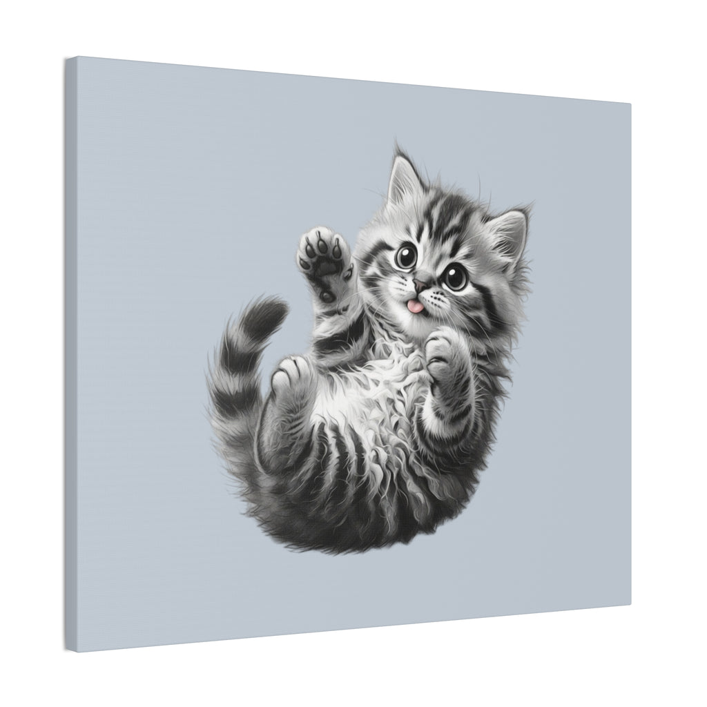 Playful Tabby Grey Fluffy Kitten Illustration Canvas Stretched | Cute Cat Wall Art- Sage Collection- Bestie Best Collection