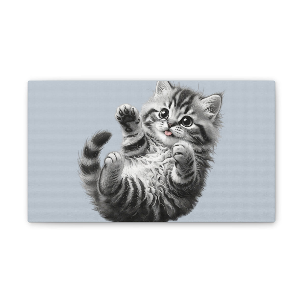 Playful Tabby Grey Fluffy Kitten Illustration Canvas Stretched | Cute Cat Wall Art- Sage Collection- Bestie Best Collection