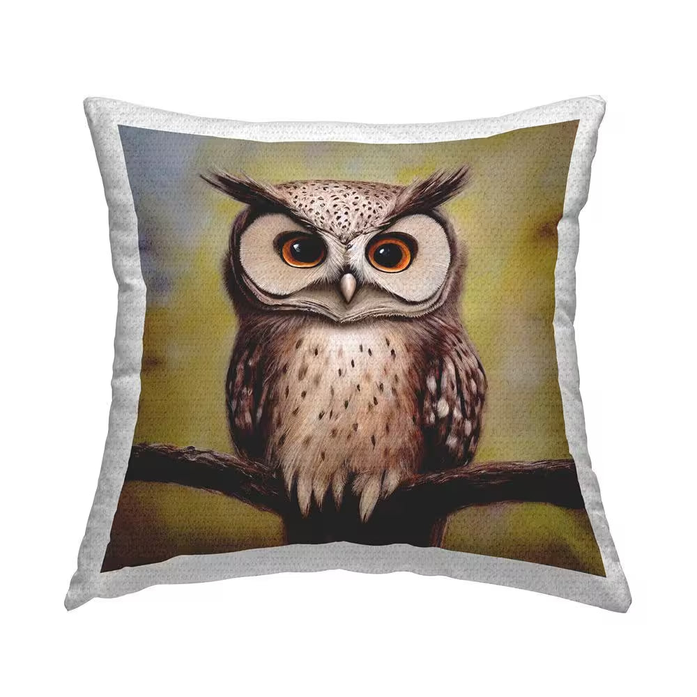 Detailed Owl Perched Nature Brown Square Outdoor Throw Pillow