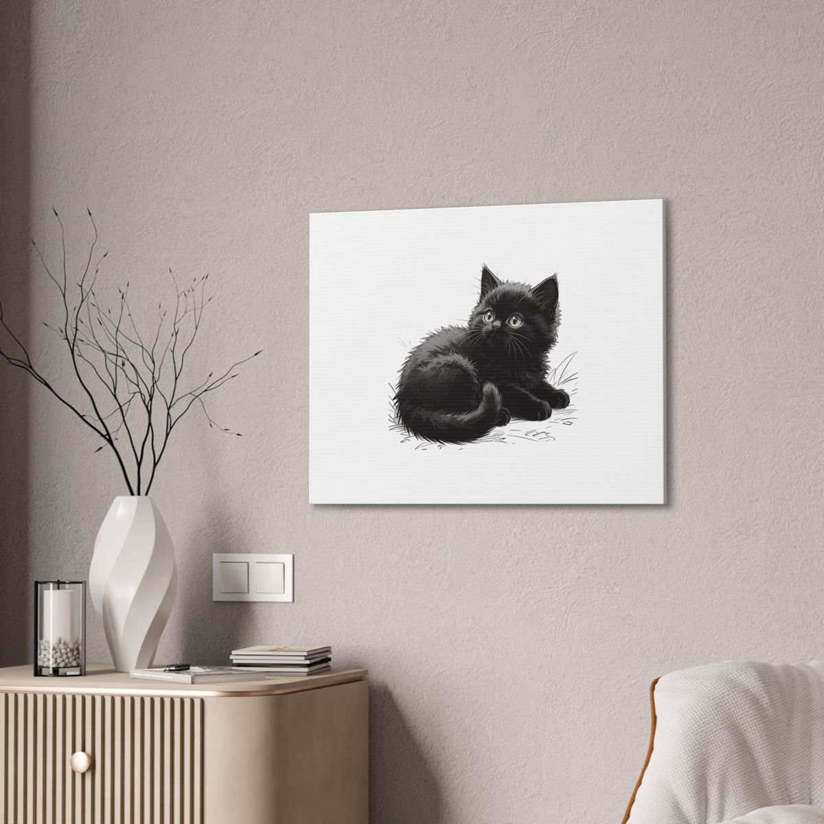 Black Kitten Illustration Canvas Stretched | Cute Cat Wall Art- Nursery & Kids room Decor, Twixie Collection- Bestie Best