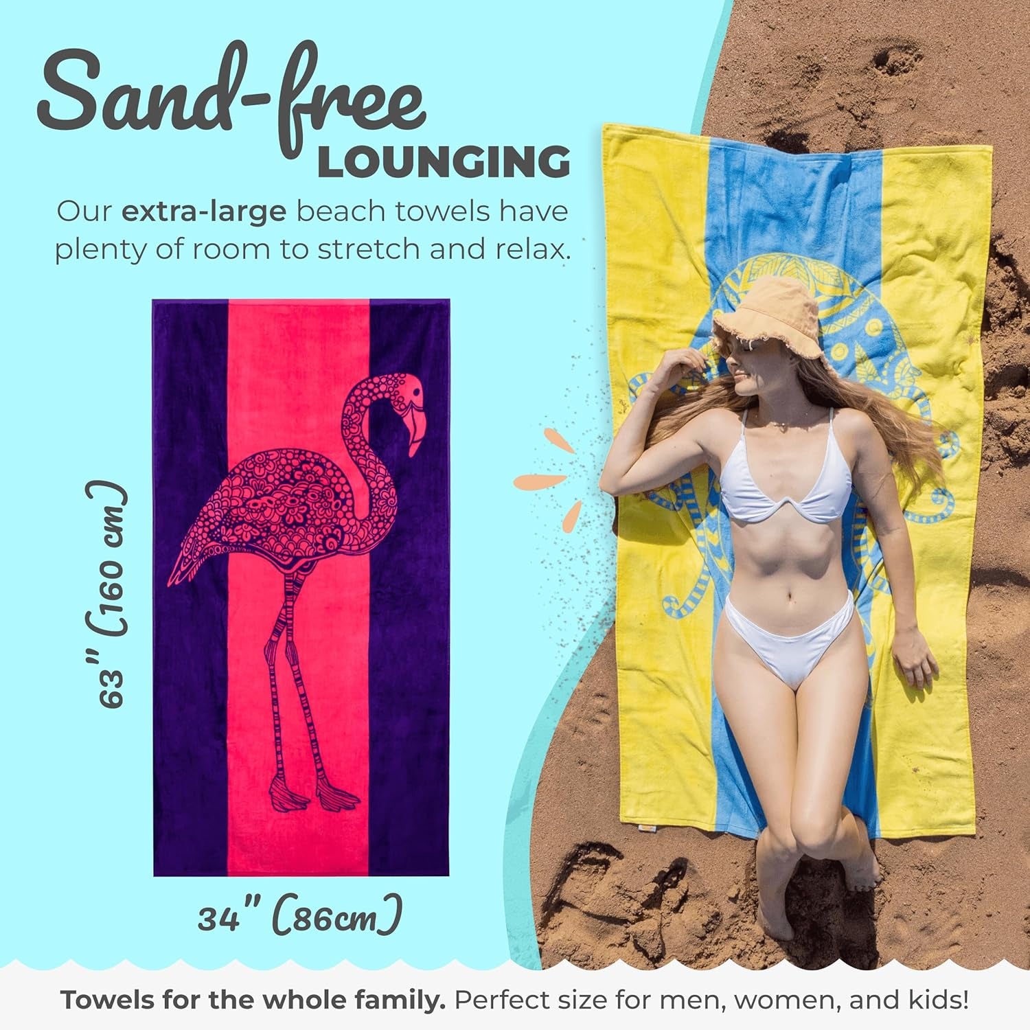 Flamingo Beach Towel – Pink and Purple with a Cute Design, Extra Large, XL (34”X 63”) Absorbent & Portable, Lightweight, Pink Beach Towel, Made from 100% Cotton