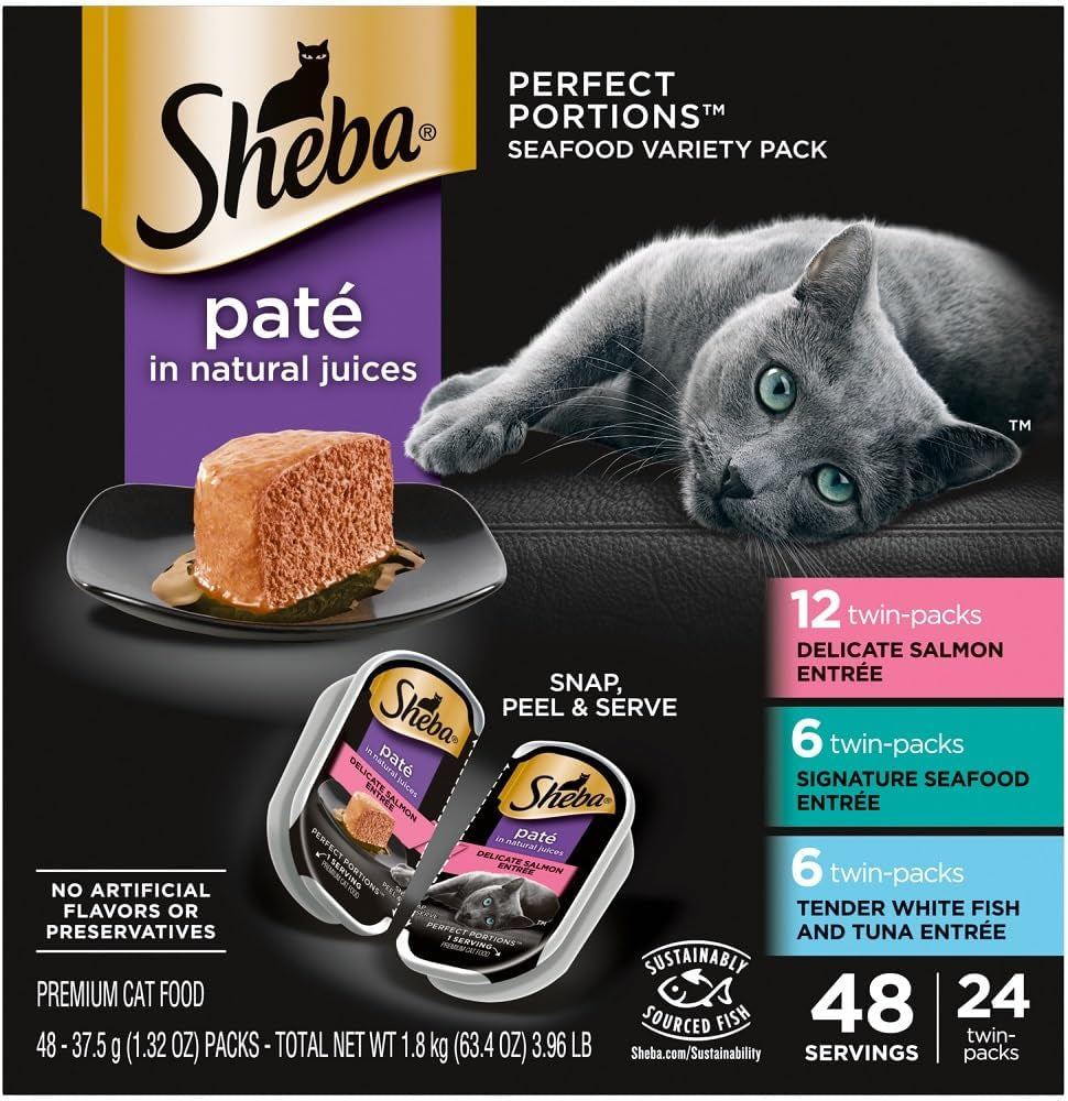 Perfect Portions Wet Cat Food Pate with Sustainable Salmon, Signature Seafood Entree, and Tender White Fish and Tuna Entree Variety Pack, 2.6 Oz. Twin Pack Trays (24 Count, 48 Servings)