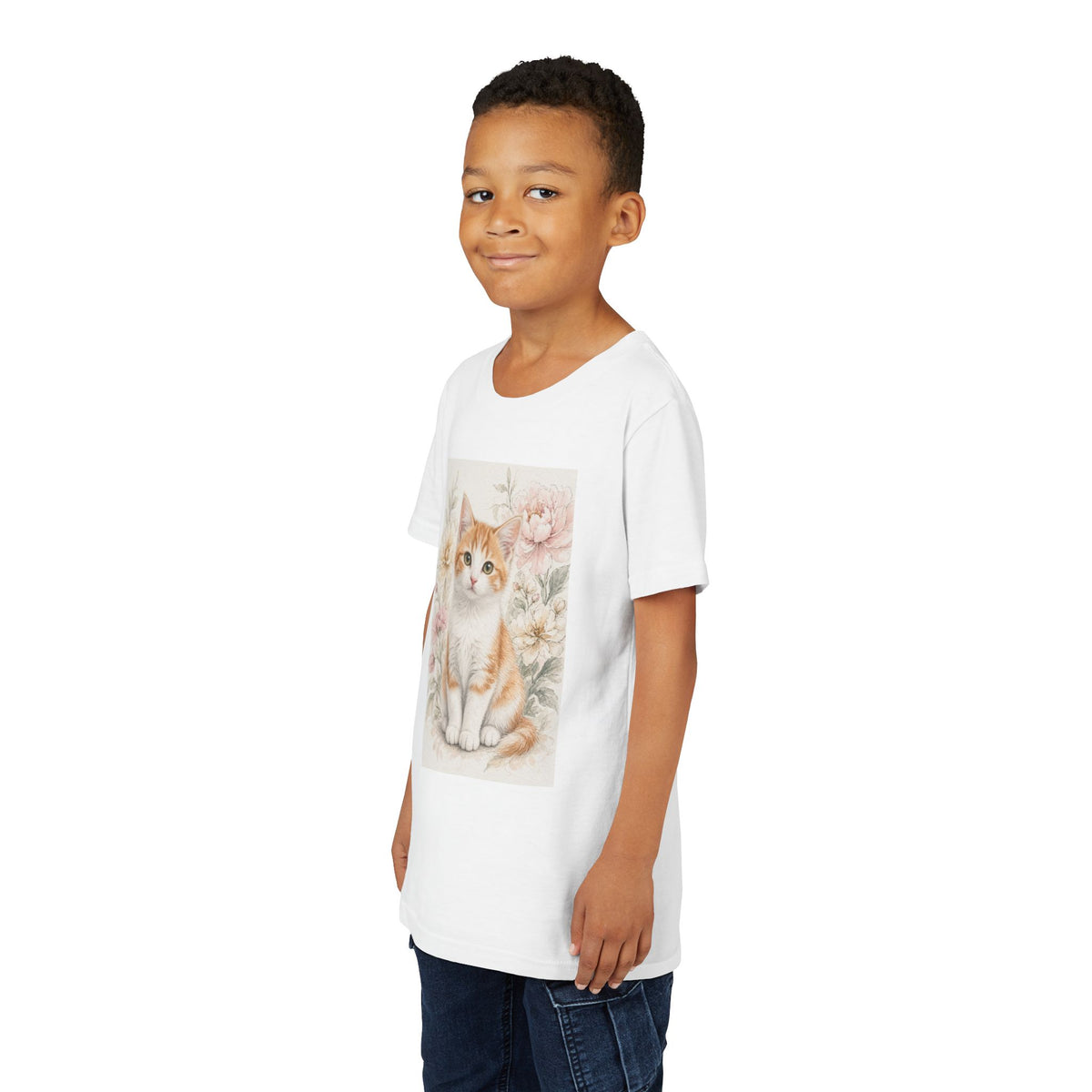 Adorable Orange Tabby Kitten Floral Illustration Youth Tee | Cute Cat Shirt- Vienna Collection