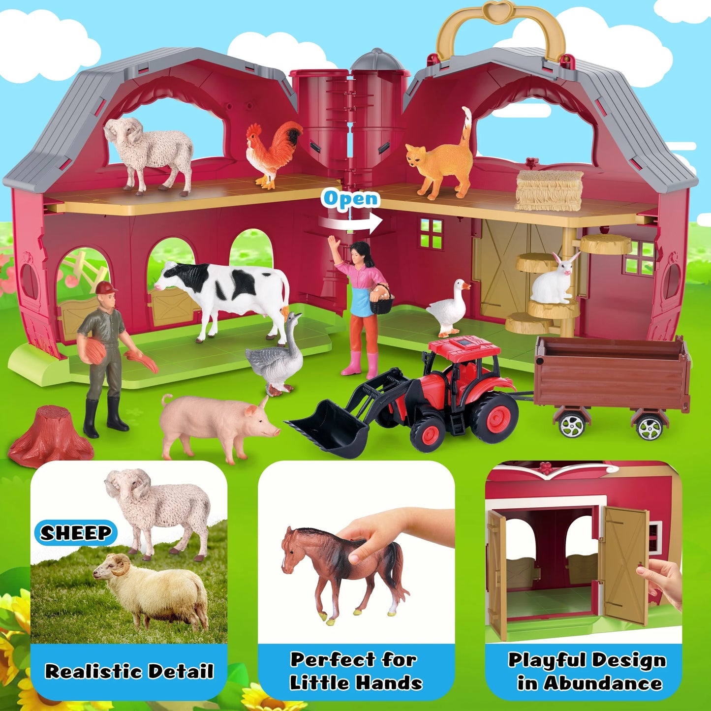 Farm Animal Toys Take along Barn Farm Playset for Toddlers Montessori Toys for Kids with 10 Animals Figurines 2 DIY Stickers