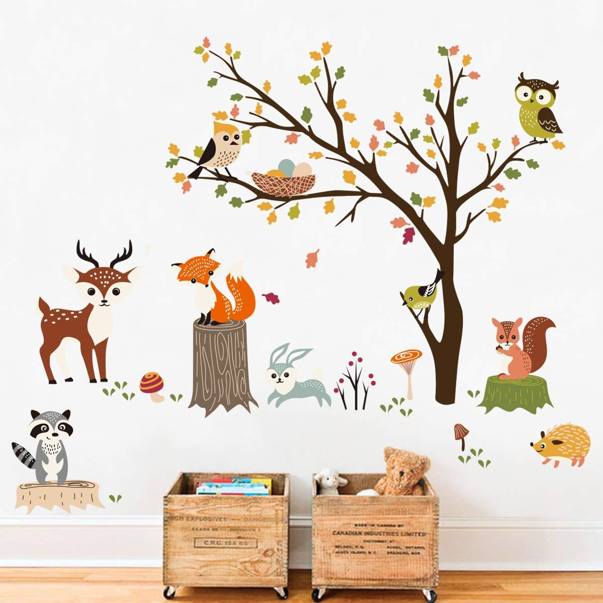 Woodland Wall Decals Animals Tree Owl Fox Deer Wall Stickers Kids Bedroom Baby Nursery Wall Decor