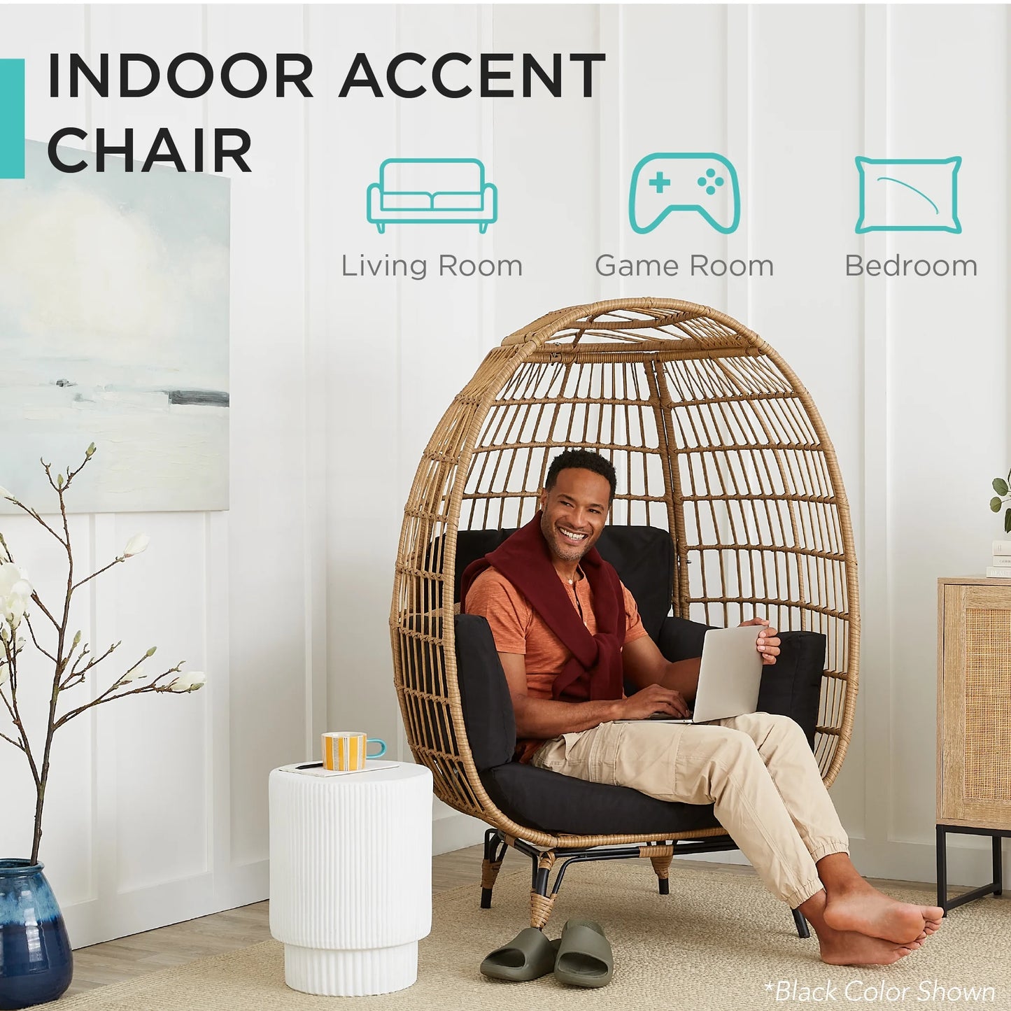 Wicker Egg Chair Oversized Indoor Outdoor Patio Lounger W/ Steel Frame - Ivory